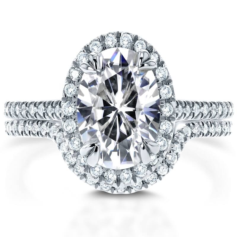 Annello by Kobelli Oval 14k Gold 2ct TGW Moissanite and Lab Grown Diamond Halo Bridal Set (GH/VS, DEF/VS) - Yellow