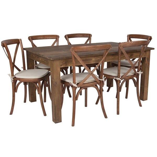 Offex 60 X 38 Antique Rustic Farm Table Set With 6 Cross Back Chairs And Cushions