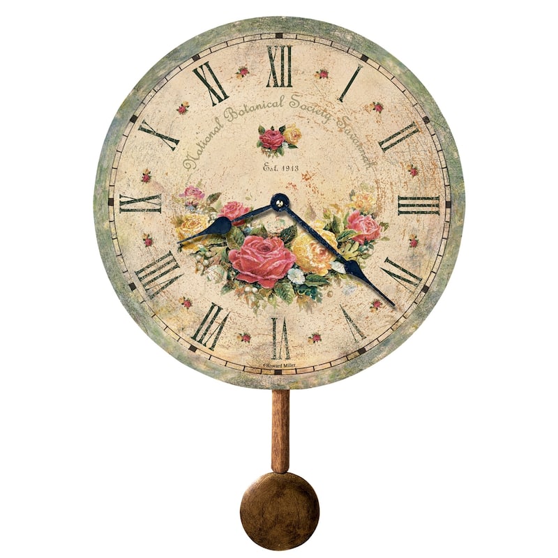 Howard Miller Savannah Botanical VI Rustic, Floral, Farmhouse, Old World Style Distressed, Round Wall Clock with Pendulum