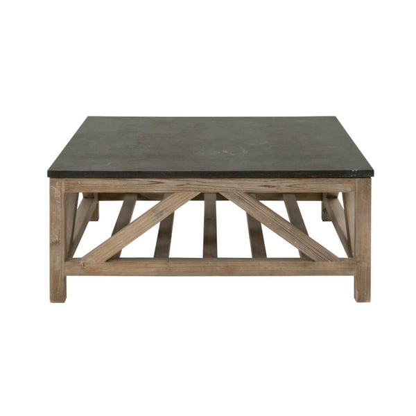 Slatted Wooden Coffee Table With Stone Top, Black & Brown