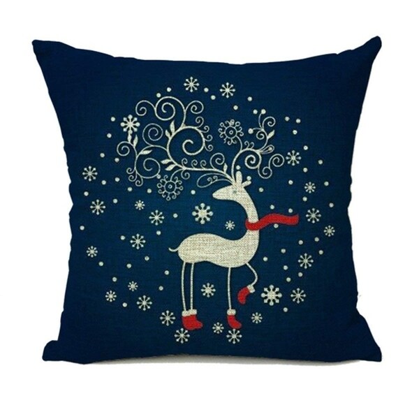 Christmas Blue Deer Cotton Linen Square Pillow Case Cushion Cover