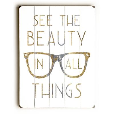 Gilded Hipster Glasses - Planked Wood Wall Decor by WildApple - Multi-Color