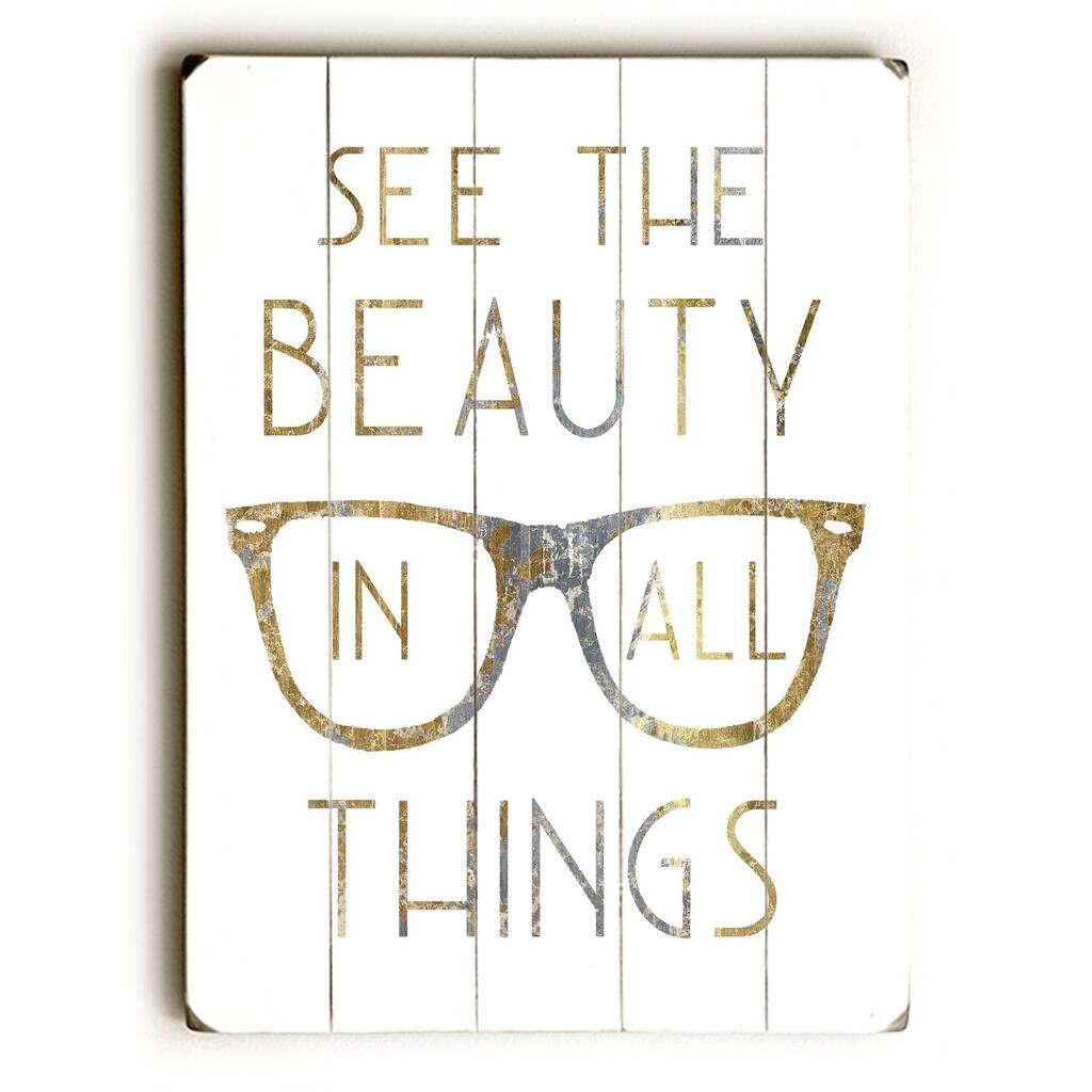 Gilded Hipster Glasses - Planked Wood Wall Decor by WildApple - Multi-Color