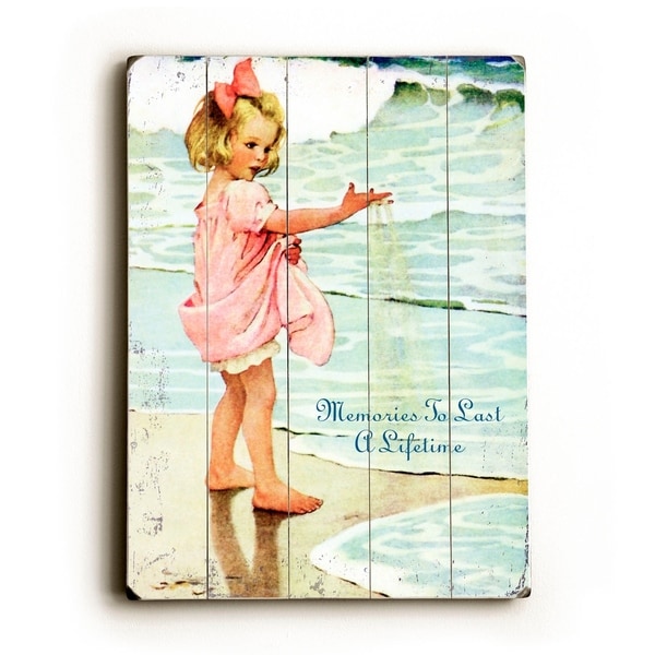 Vintage Girl on Beach - Planked Wood Wall Decor by Laughing Elephant
