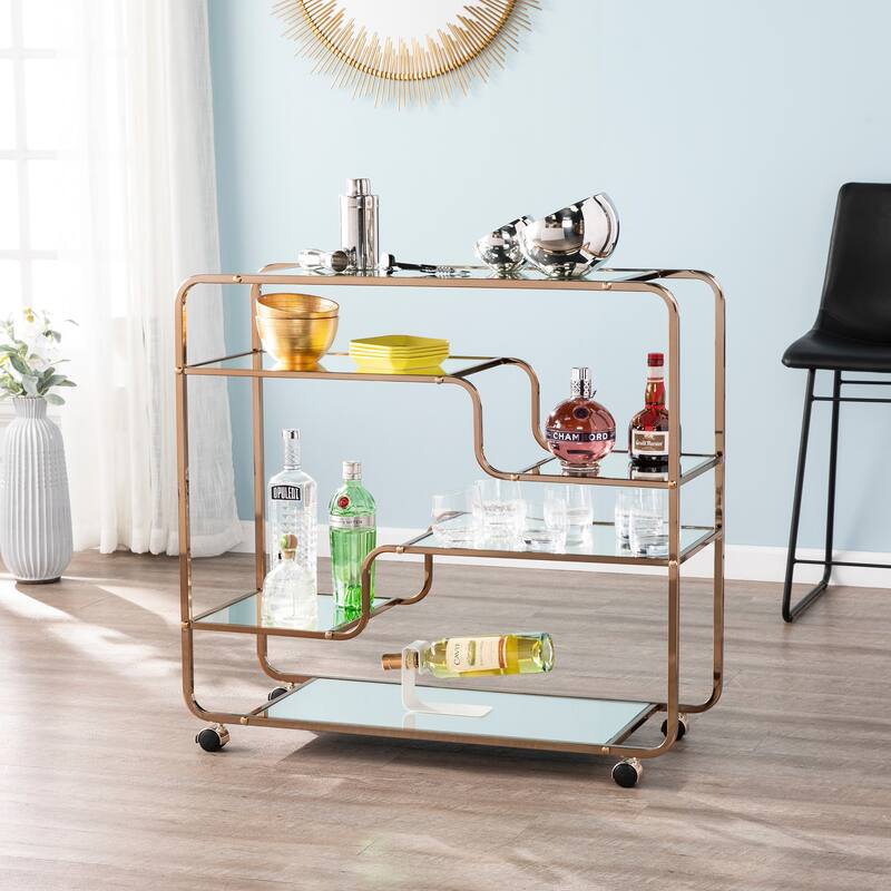 SEI Furniture Stovring Champagne Gold Mirrored Bar Cart