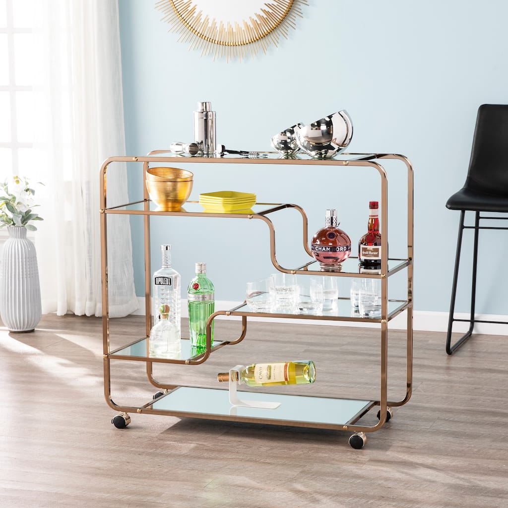 SEI Furniture Stovring Champagne Gold Mirrored Bar Cart