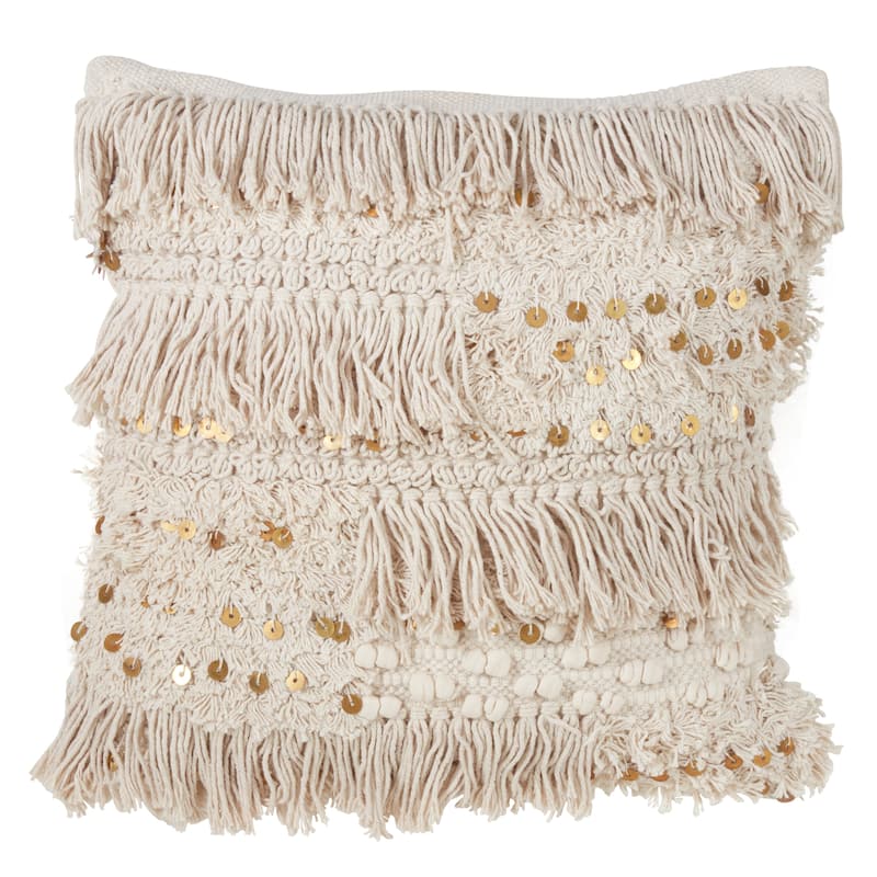 Moroccan Fringe Down Filled Cotton Throw Pillow - Gold