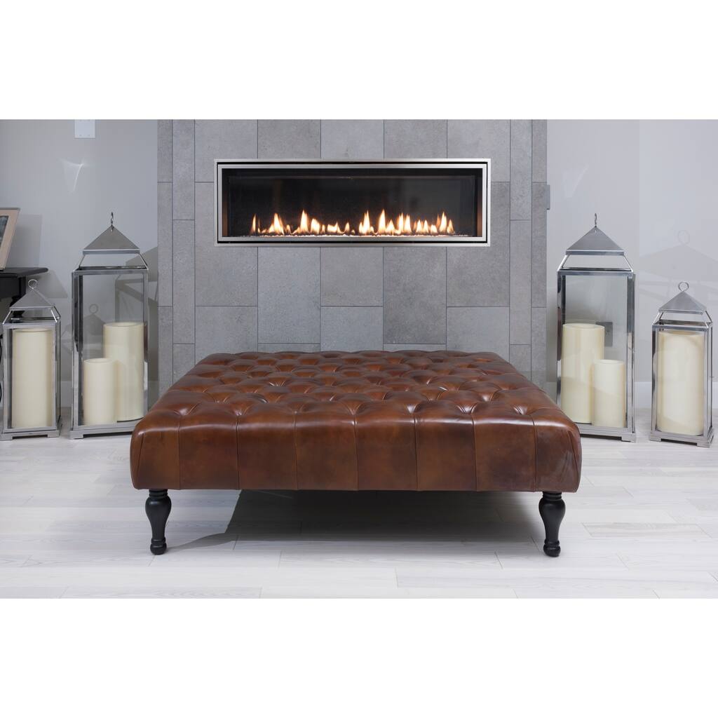 Elements Fine Home Furnishings Drake Square Cocktail Ottoman in Rustic Top Grain Leather
