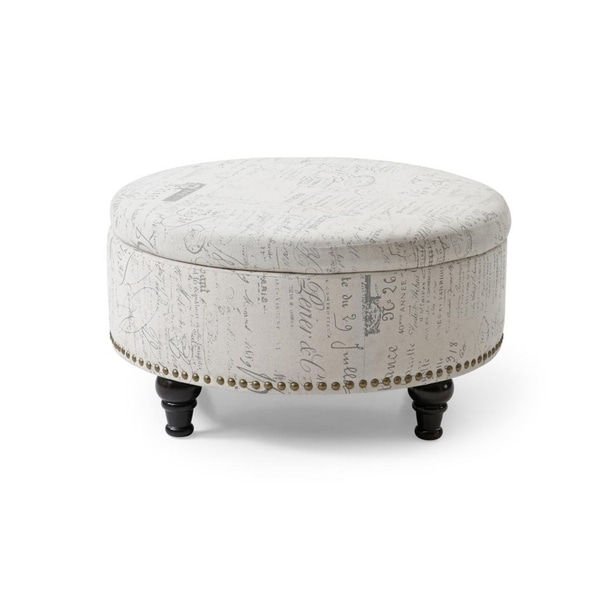 Fabric Round Vintage Script Design Nailhead Trim Storage Fabric Round Vintage Script Design Nailhead Trim Storage Ottoman