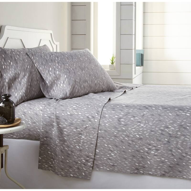 Vilano Choice Ultra-soft Deep Pocket Botanical 4-piece Printed Bed Sheet Set - gray with shades of gray and white print - Twin