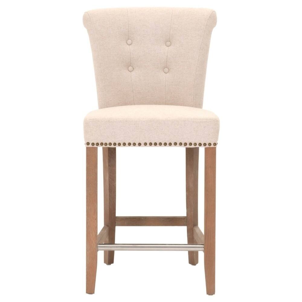 Wood Fabric Counter Stool With Button Tuftings And Nailhead Details, Beige