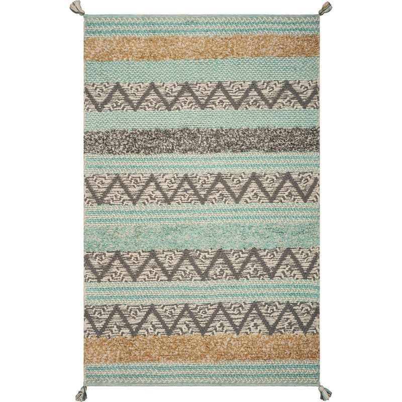 Hermosa Nautical Chevron Hand-tufted Rug - 8' x 11' - Turquoise
