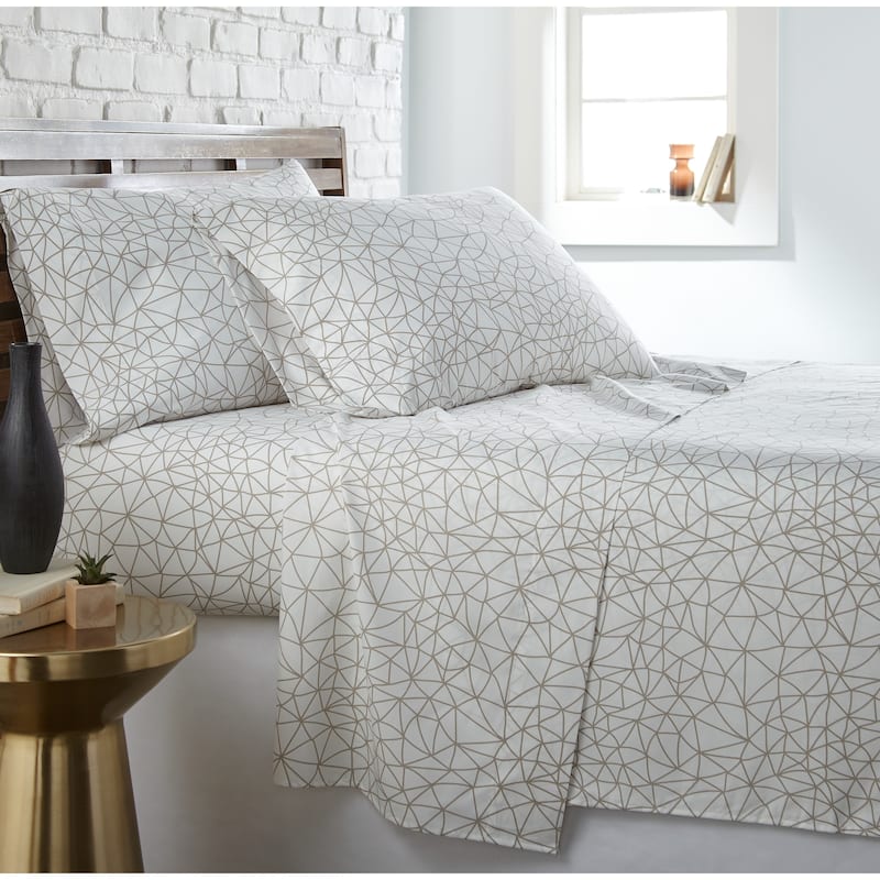 Vilano Choice Ultra-soft 4-piece Printed Bedsheet Set - Queen - white/ taupe geo maze