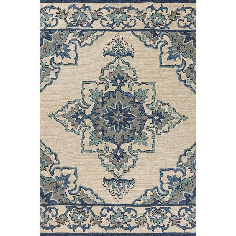 Domani Trails Ivory/Blue Medallion Hand-Hooked Outdoor Rug - 7'6" x 9'6" - Ivory