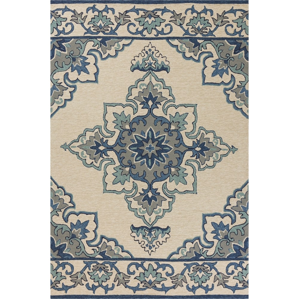 Domani Trails Ivory/Blue Medallion Hand-Hooked Outdoor Rug