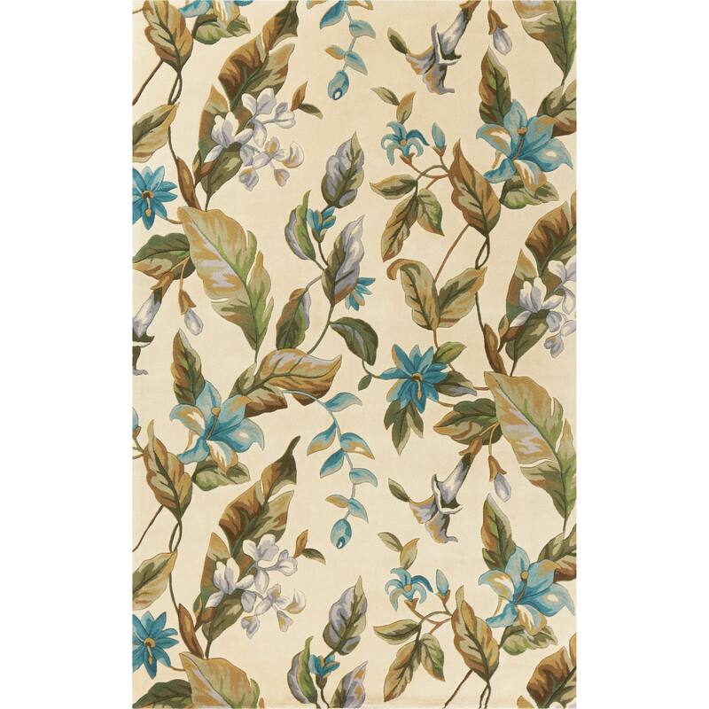 KAS Catalina Ivory/Teal Botanics Hand-tufted Wool Rug - 5' x 8' - Ivory