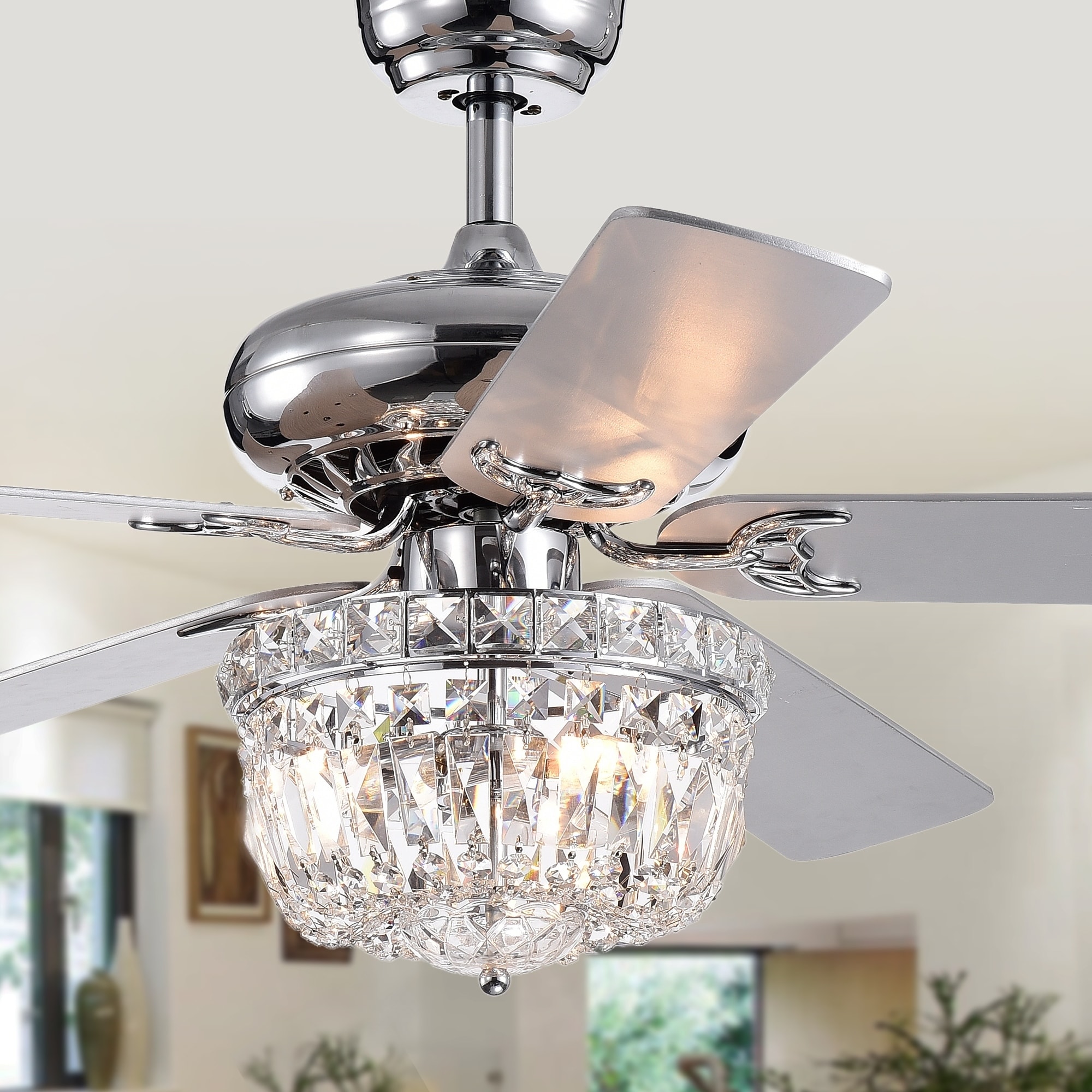 Galileo 52 Inch 5 Blade Chrome Lighted Ceiling Fans With Crystal Bowl Shade Optional Remote 2 Color Blades