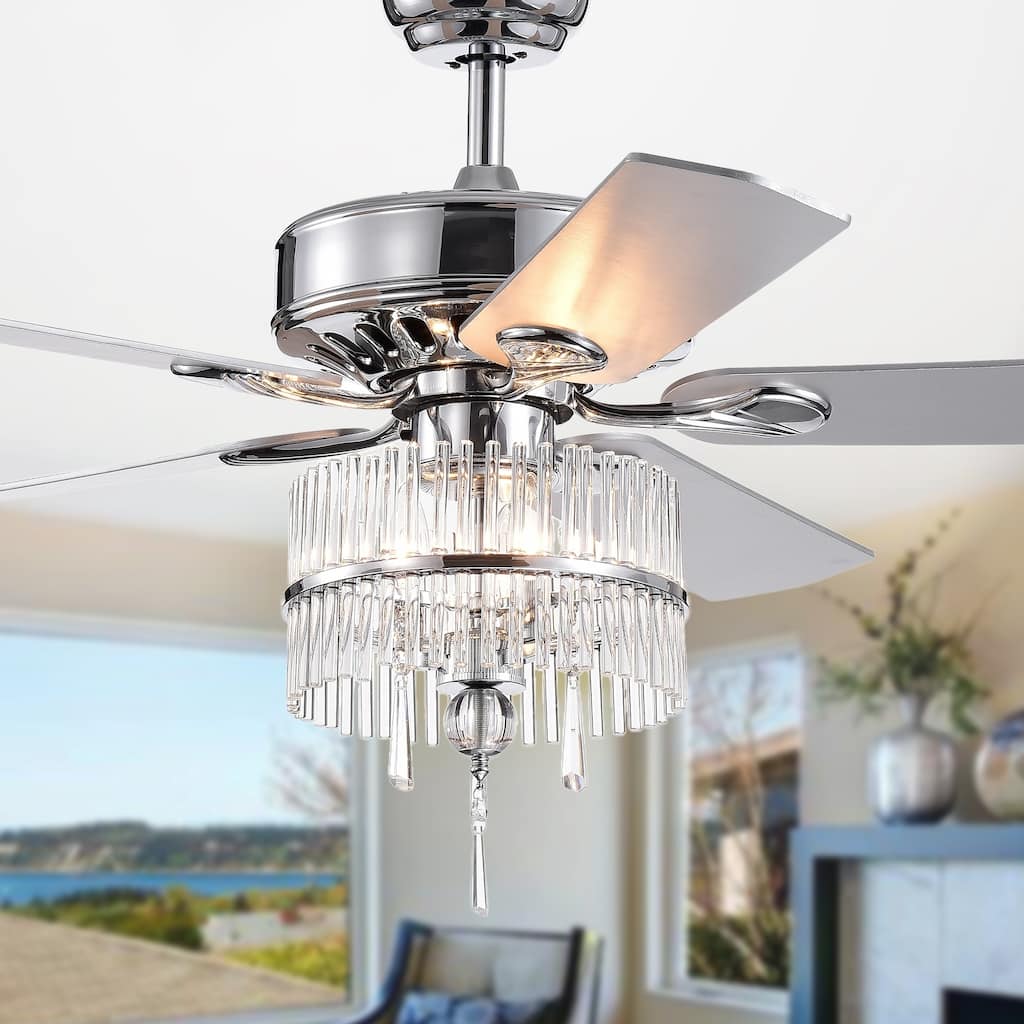 Wyllow DeBase 52-Inch 5-Blade Chrome Lighted Ceiling Fans with Crystal Flutes Shade (Remote Controlled & 2 Color Option Blades)