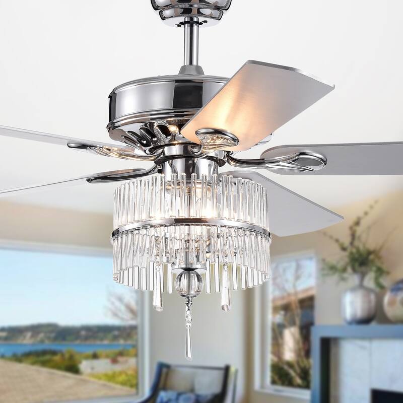 Wyllow DeBase 52-Inch 5-Blade Chrome Lighted Ceiling Fans with Crystal Flutes Shade (Remote Controlled & 2 Color Option Blades)