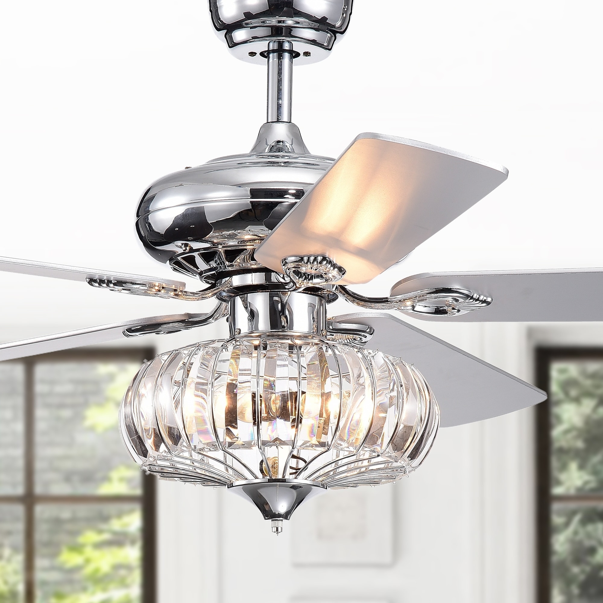 Warehouse of Tiffany Kyana DeBase 52-Inch 5-Blade Chrome Lighted Ceiling Fans with Crystal Bowl Shade (Optional Remote Control)
