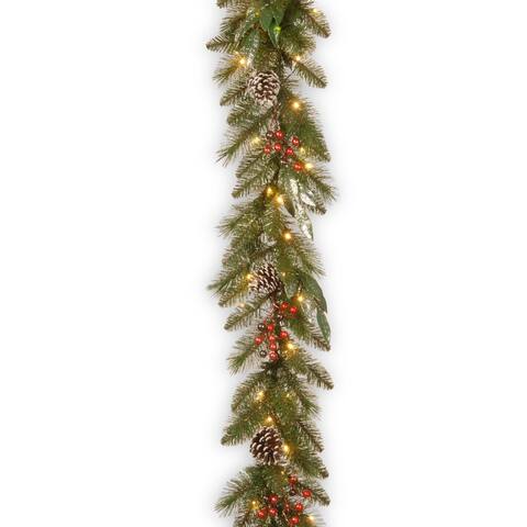 9 ft. Frosted Pine Berry Garland with Clear Lights