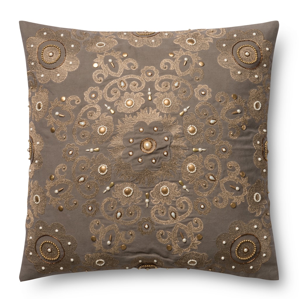 Embroidered Grey/ Gold Beaded Damask 22-inch Pillow Cover