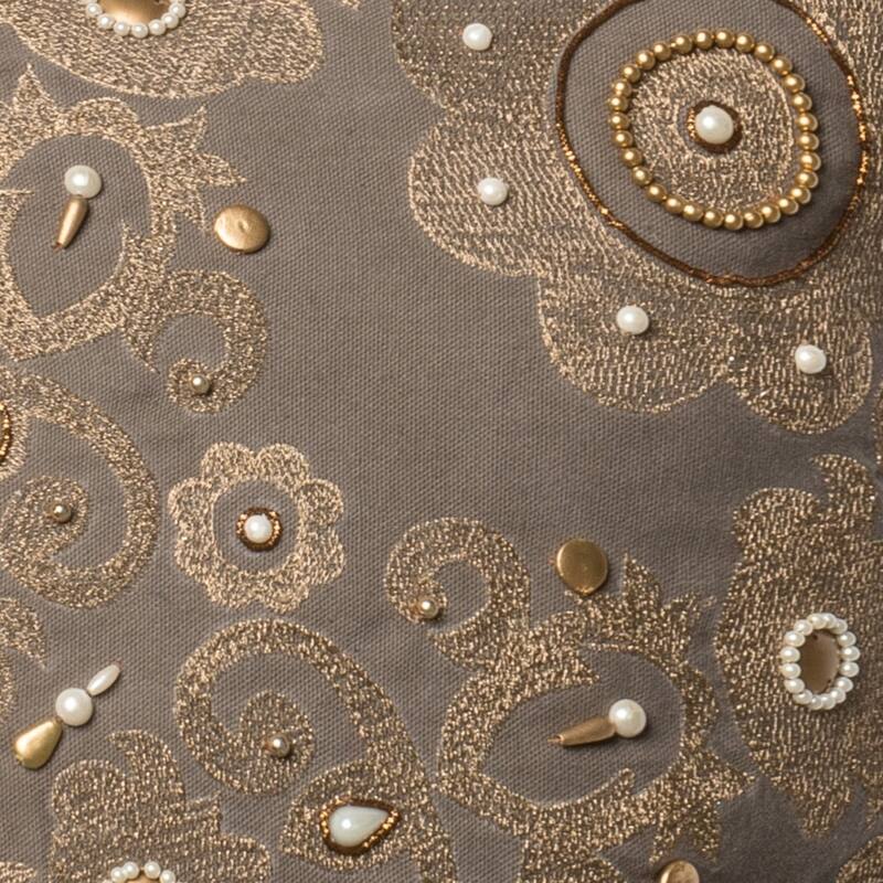 Embroidered Grey/ Gold Beaded Damask 22-inch Pillow Cover