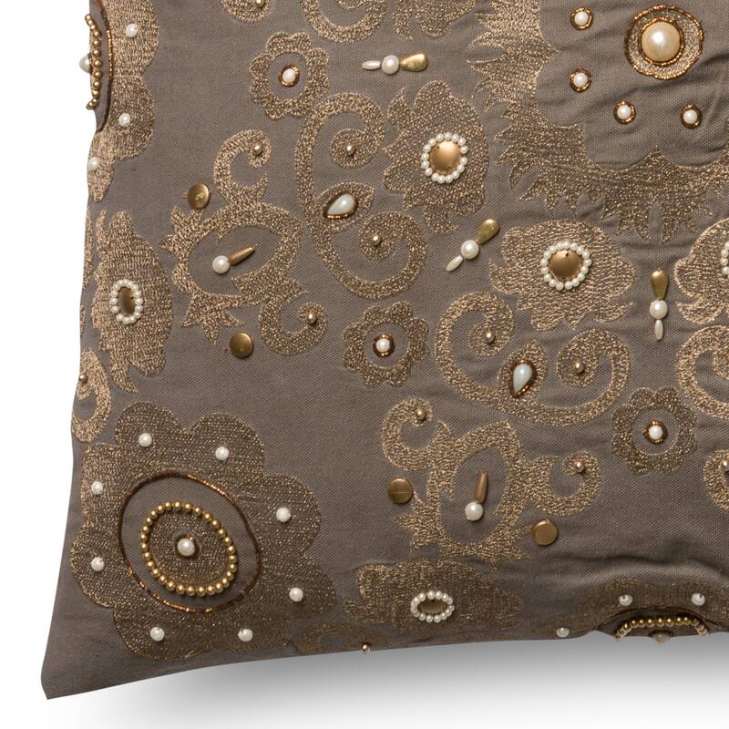 Embroidered Grey/ Gold Beaded Damask 22-inch Pillow Cover