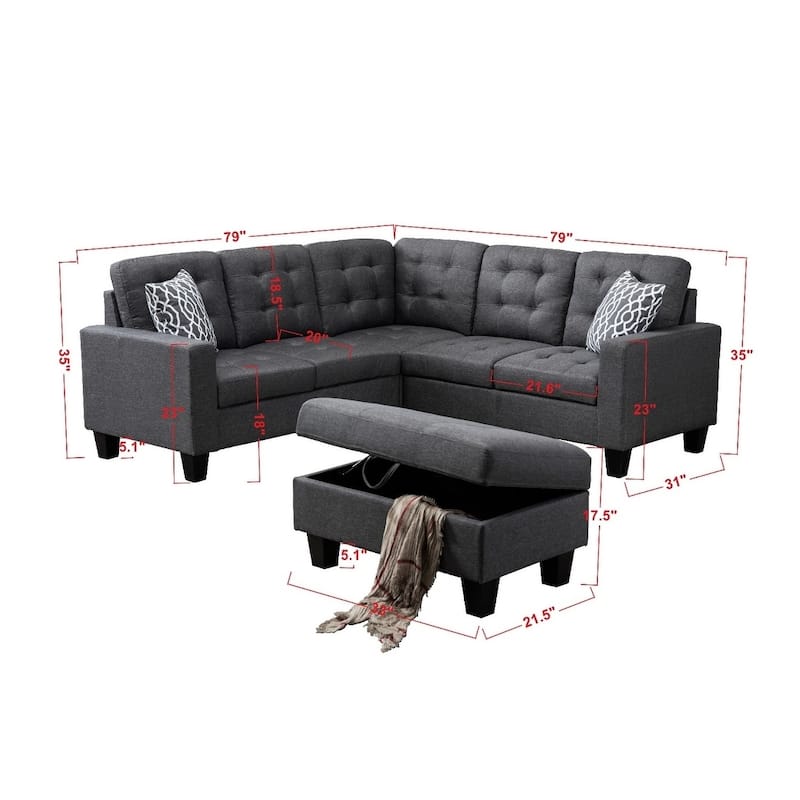 Modern Linen Fabric Sectional Sofa with Ottoman