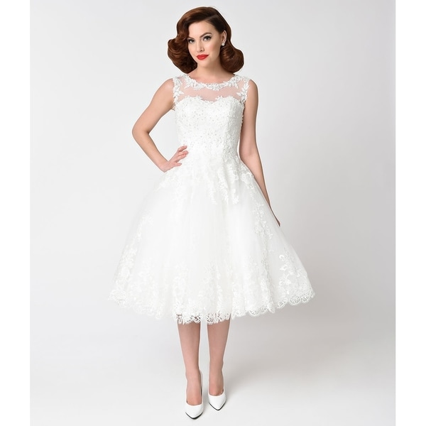 Vestidos 1950 S Long Sleeve Lace Tea Length Wedding Dress Pin Up