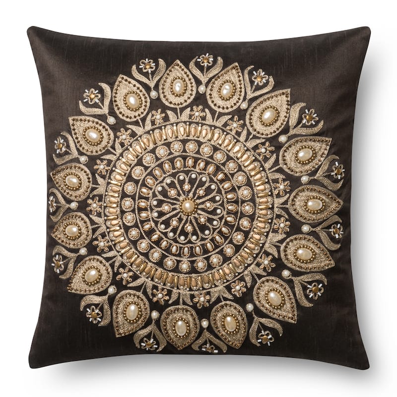 Beaded Brown/ Gold Embroidered Medallion 18-inch Pillow Cover