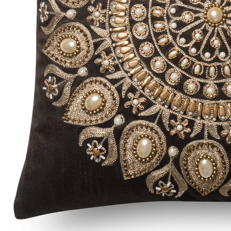 Beaded Brown/ Gold Embroidered Medallion 18-inch Pillow Cover