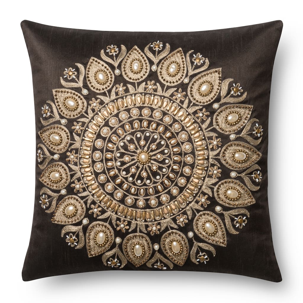 Beaded Brown/ Gold Embroidered Medallion 18-inch Pillow Cover