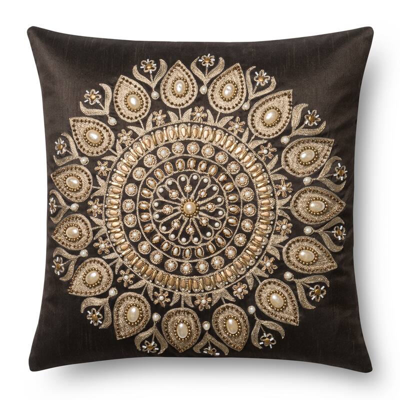 Beaded Brown/ Gold Embroidered Medallion 18-inch Pillow Cover