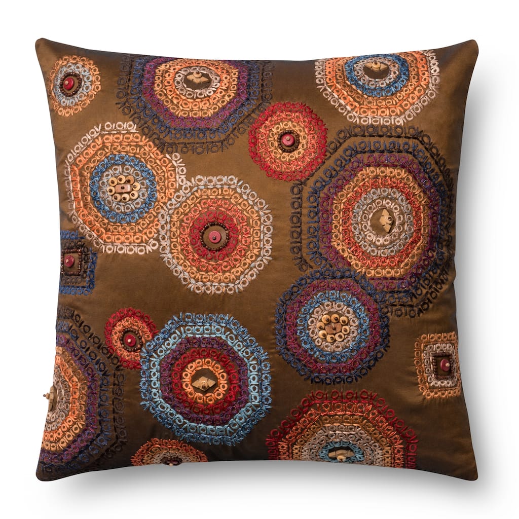 Embroidered Brown/ Multi Beaded 18-inch Pillow Cover