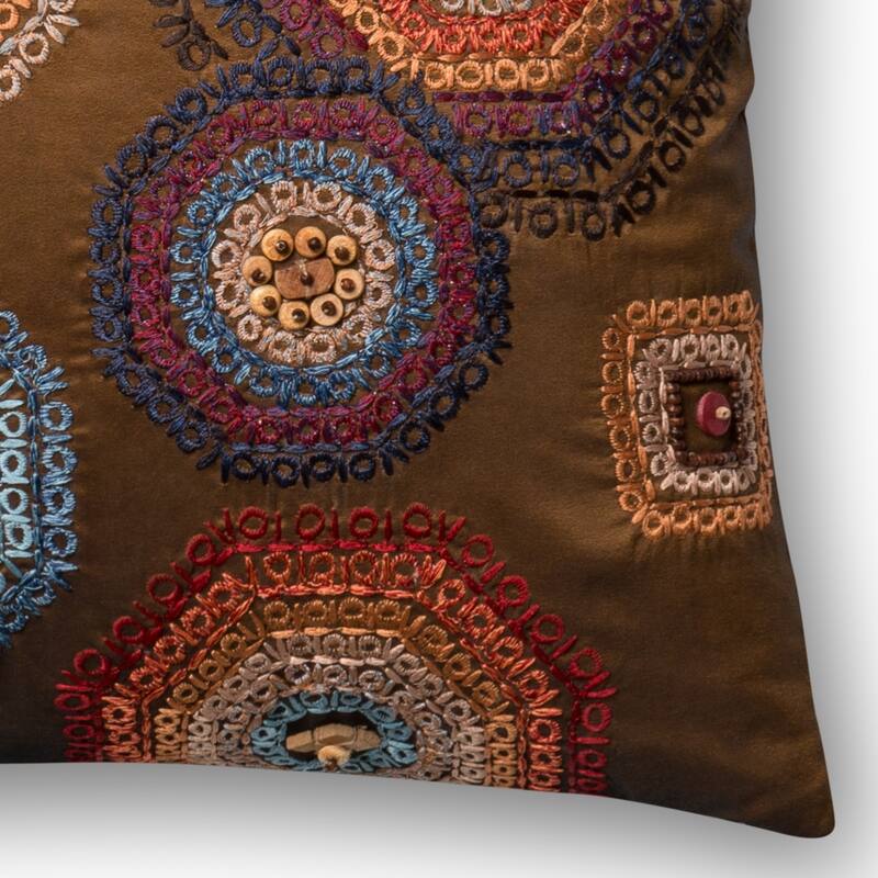 Embroidered Brown/ Multi Beaded 18-inch Pillow Cover