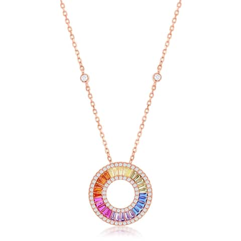 La Preciosa Sterling Silver Rose Gold Plated Rainbow Baguette CZ Open Circle 16+2'' Necklace