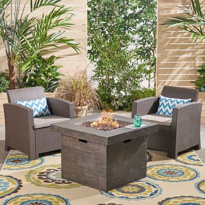 Bedrock Outdoor 2-Seater Wicker Print Club Chair Chat Set with Fire Pit by Christopher Knight Home