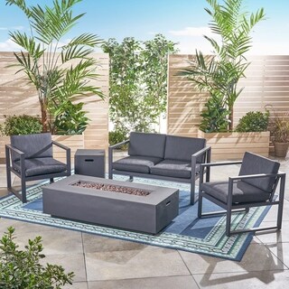 Christopher Knight Home Navan Outdoor 4 Seater Aluminum Chat Set With Fire Pit And Tank Holder By Christopher Knight Home Dark Gray Black Cushion Dark Gray From Overstock Com Daily Mail