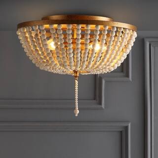 Allison 15" Wood Beaded/Metal LED Flush Mount, Antique Gold / Cream by JONATHAN Y