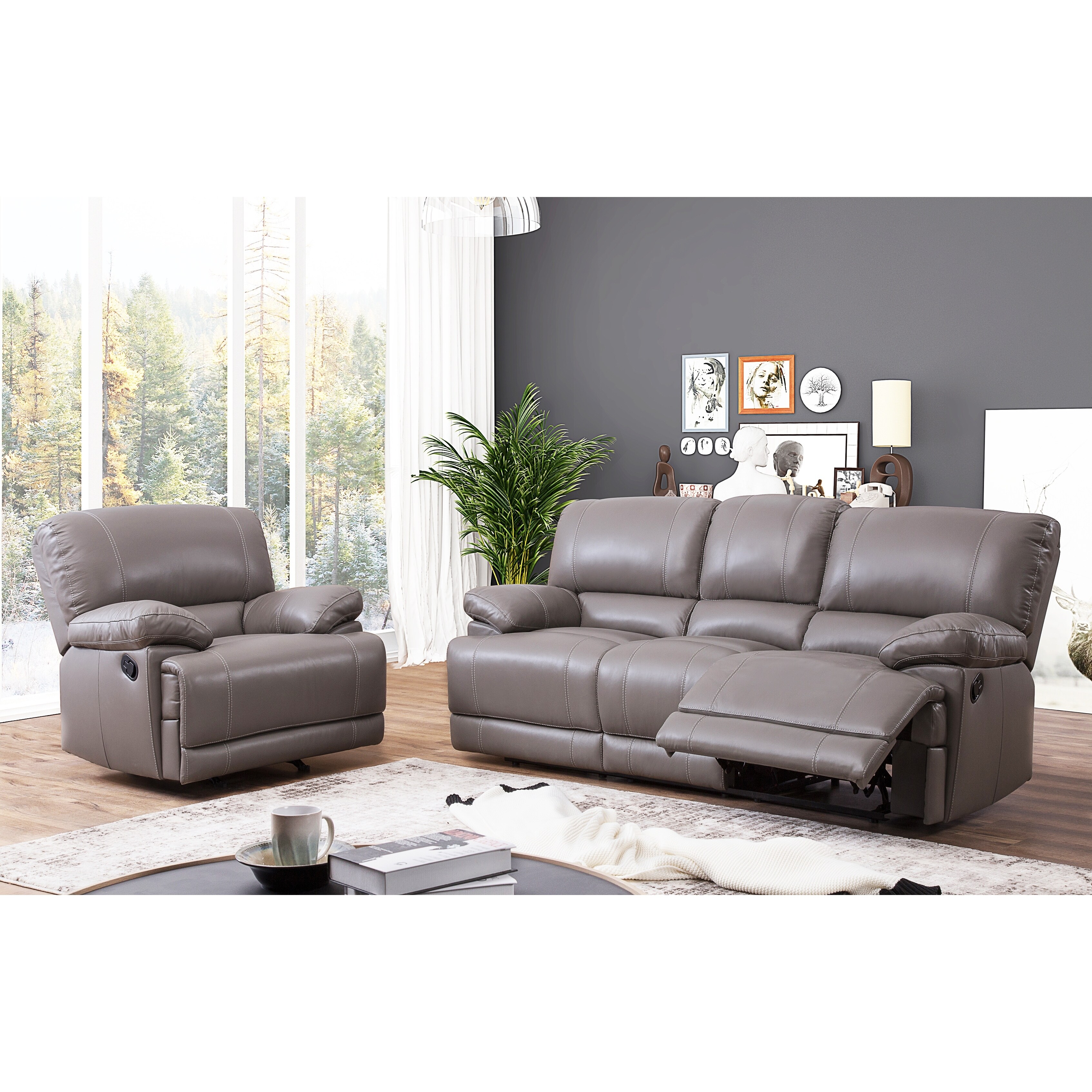 Abbyson Remmy Grey Top Grain Leather Reclining 2 Piece Living Room Set