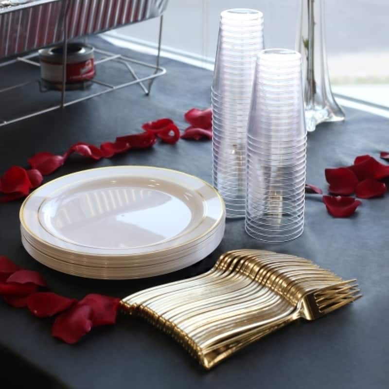 Disposable White and Metallic Rim Plastic Buffet Party Package - For Party's and Weddings