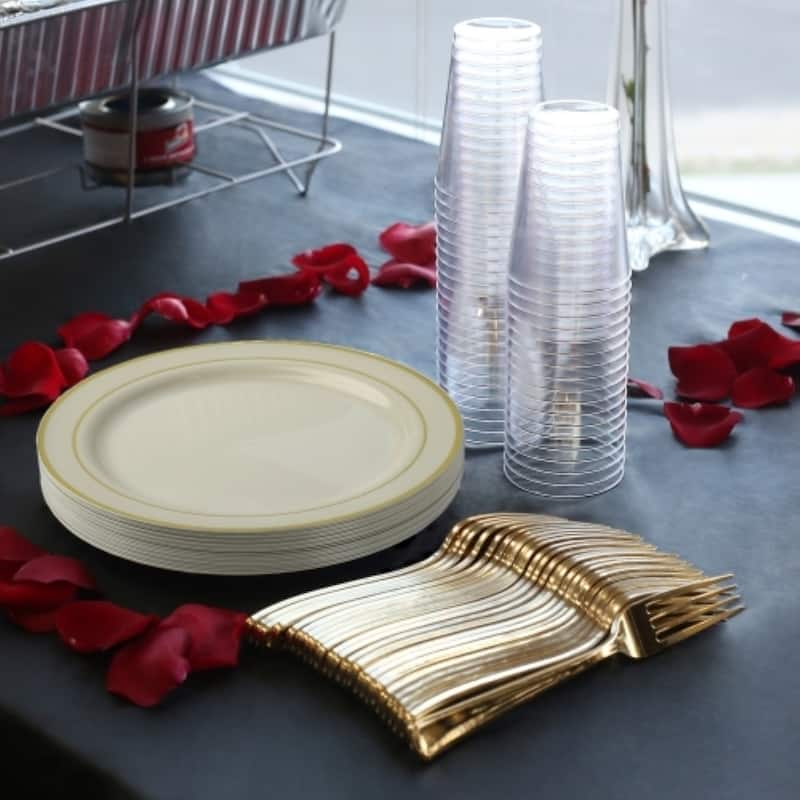 Disposable White and Metallic Rim Plastic Buffet Party Package - For Party's and Weddings
