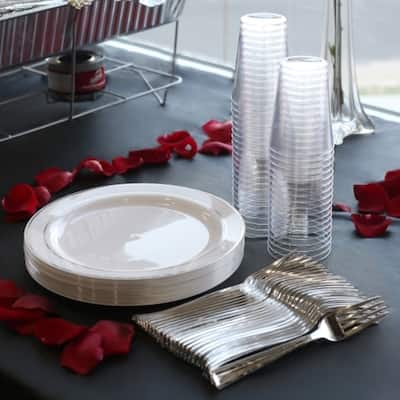 Disposable White and Metallic Rim Plastic Buffet Party Package - For Party's and Weddings