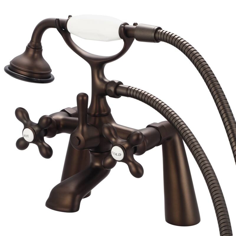 Vintage Classic 7 Inch Spread Deck Mount Tub Faucet With Handheld Shower in Oil-rubbed Bronze Finish - labeled metal cross handles