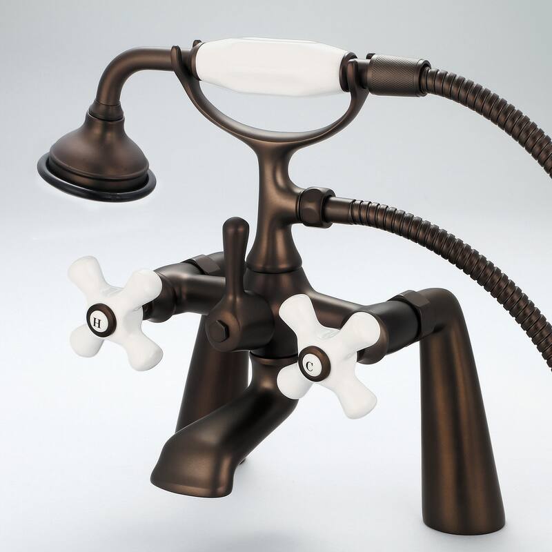 Vintage Classic 7 Inch Spread Deck Mount Tub Faucet With Handheld Shower in Oil-rubbed Bronze Finish - labeled porcelain cross handles