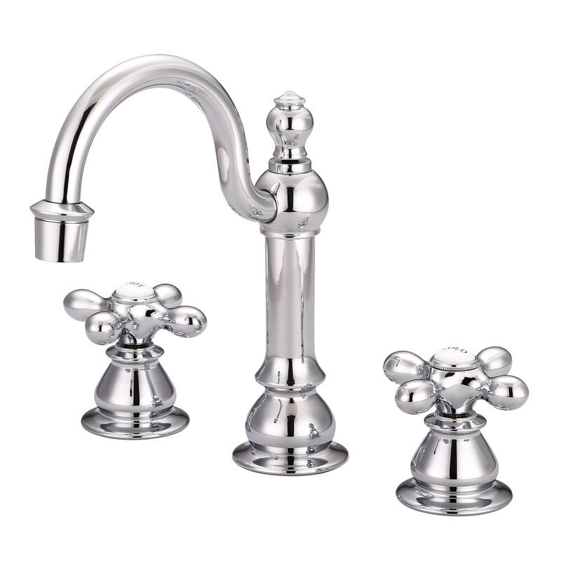 American 20th Century Classic Widespread Lavatory Faucets with Pop-Up Drain in Chrome Finish - labeled metal cross handles