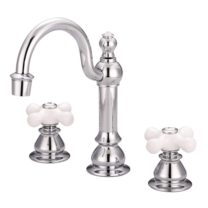 American 20th Century Classic Widespread Lavatory Faucets with Pop-Up Drain in Chrome Finish - labeled porcelain cross handles