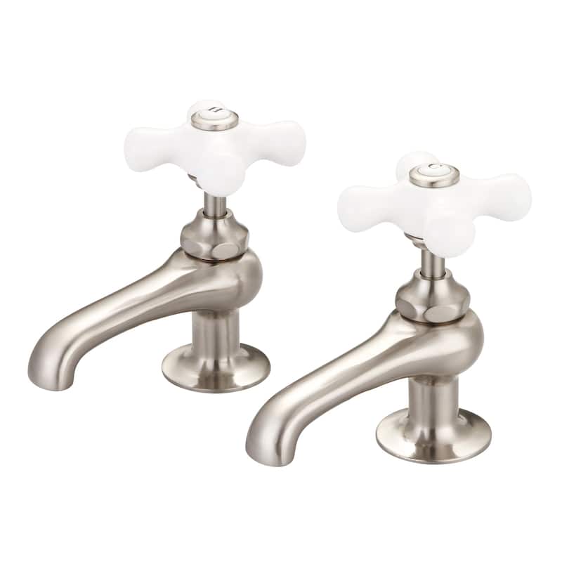 Vintage Classic Basin Beaks Lavatory Faucets in Brushed Nickel Finish - labeled porcelain cross handles