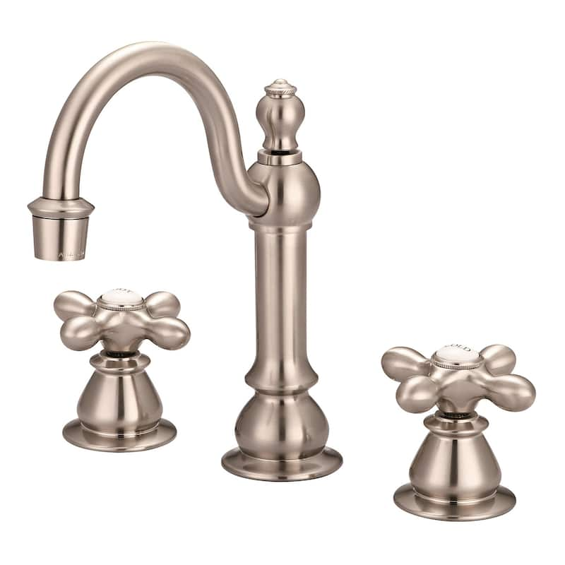 American 20th Century Classic Widespread Lavatory F2-0012 Faucets With Pop-Up Drain in Brushed Nickel Finish - labeled metal cross handles